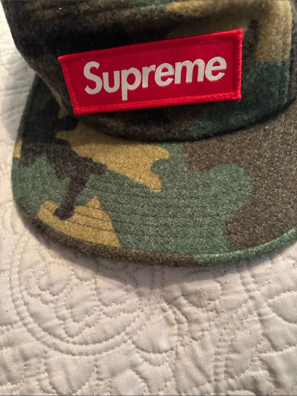 Supreme Mens Camo Five-Panel Cap with Red Logo